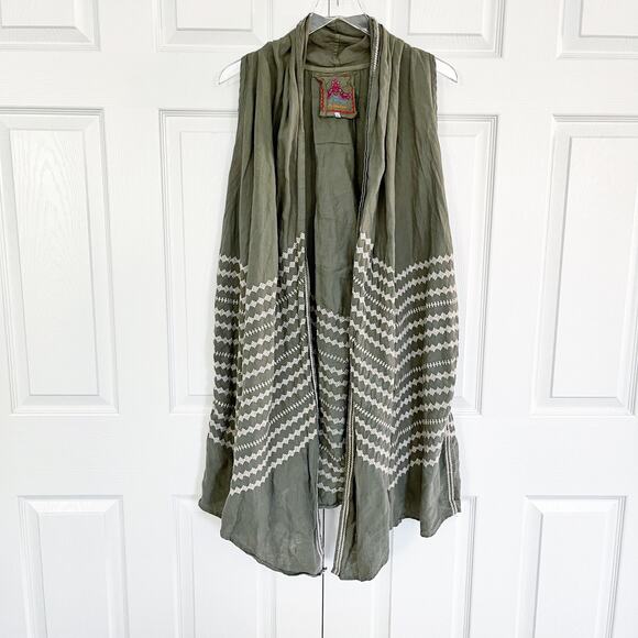 Johnny Was JWLA Petra Embroidered Olive Linen Duster Vest - Picture 2 of 9